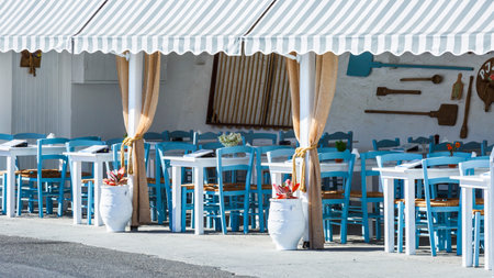 Restaurant in Merichas village, the main port of Kythnos island, Greece.のeditorial素材