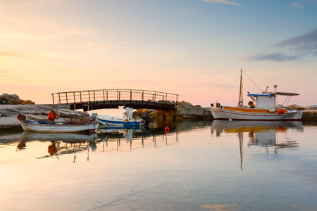 Fishing boats in a harbour near Molos village on Skyros island, Greece.のeditorial素材