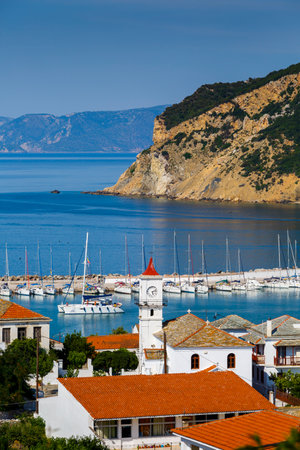 View of the harbour in Skopelos town, Greece.のeditorial素材