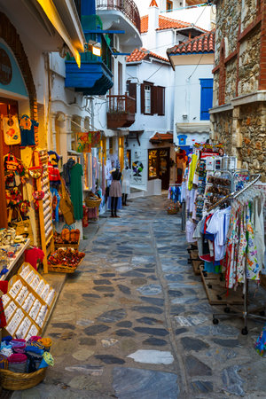 Street with a shops in Skopelos town, Greece.のeditorial素材