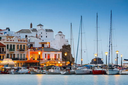 View of the harbour in Skopelos town, Greece.のeditorial素材
