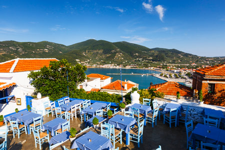 Restaurant on the castle hill in Skopelos town, Greece.のeditorial素材