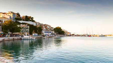 View of the harbour in Skopelos town, Greece.のeditorial素材