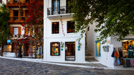 Traditional architecture with shops in Skopelos town, Greece.のeditorial素材