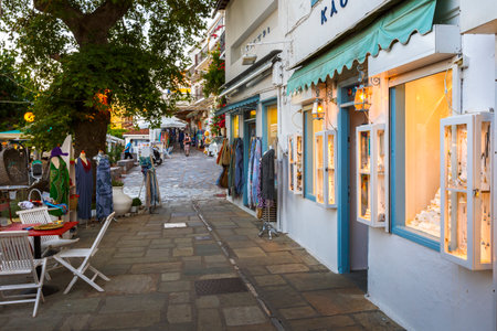 Traditional architecture with shop in Skopelos town, Greece.のeditorial素材