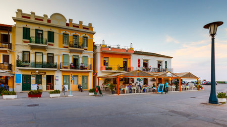 Coffee shops at the seafront of Skopelos town, Greece.のeditorial素材