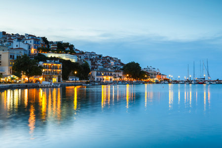 Evening view of the harbour of Skopelos town, Greece.のeditorial素材