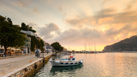 View of the harbour in Skopelos town, Greece.のeditorial素材