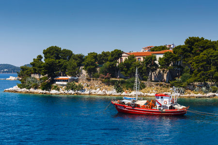 View of the harbour on Skiathos island, Greece.のeditorial素材