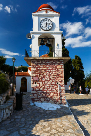 Bell tower of Agios Nikolaos church in Skiathos town, Greece.のeditorial素材