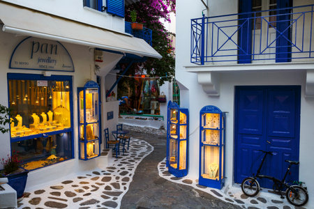 Shops in the old town of Skiathos in Sporades, Greece.のeditorial素材