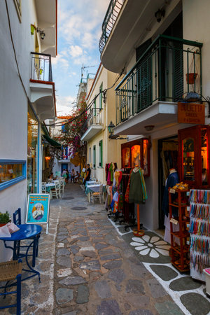 Shops in the old town of Skiathos in Sporades, Greece.のeditorial素材
