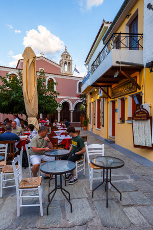 Restaurants in the old town of Skiathos in Sporades, Greece.のeditorial素材