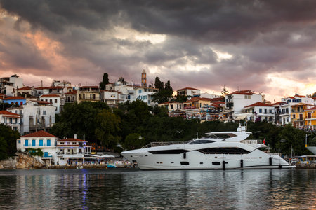 Evening view of the harbour on Skiathos island, Greece.のeditorial素材