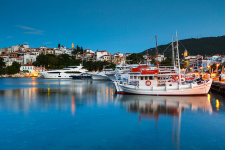 Morning view of the harbour on Skiathos island, Greece.のeditorial素材