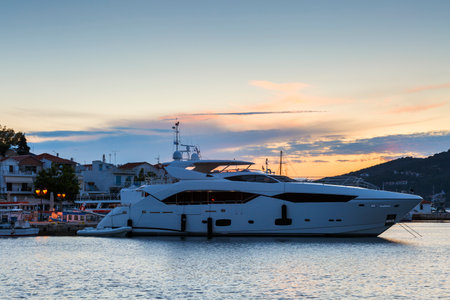 Morning view of the harbour on Skiathos island, Greece.のeditorial素材