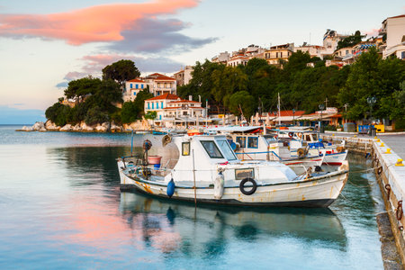 Morning view of the harbour on Skiathos island, Greece.のeditorial素材