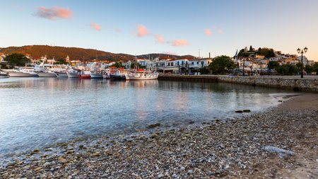 Morning view of the harbour on Skiathos island, Greece.のeditorial素材
