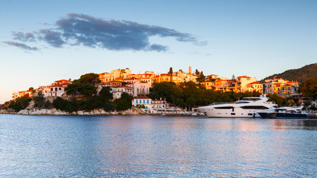 Morning view of the harbour on Skiathos island, Greece.のeditorial素材