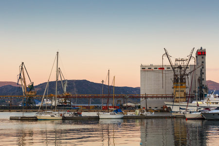 Industrial port of Volos city as seen early in the morning.のeditorial素材