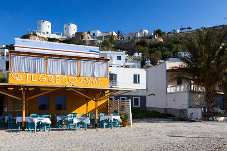 Taverna on the beach in Panteli village on Leros island, Greece.のeditorial素材
