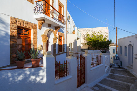 Street in Nikia village on Nisyros island in Dodecanese island group, Greece.のeditorial素材