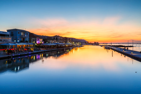 Coffee shops and restaurants in the harbour of Lefkada town, Greece.のeditorial素材