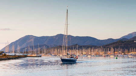 Sail boats in the harbour of Lefkada town, Greece.のeditorial素材