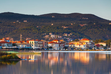 Town of Lefkada as seen over the lagoon from a distance, Greece.のeditorial素材