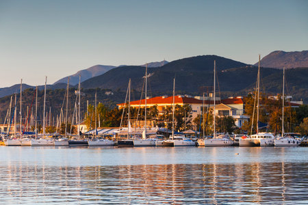 Town of Lefkada as seen over the lagoon from a distance, Greece.のeditorial素材