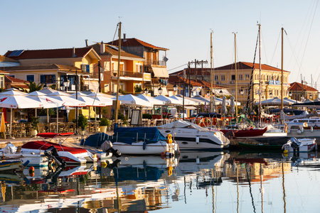 Coffee shops and restaurants in the harbour of Lefkada town, Greece.のeditorial素材