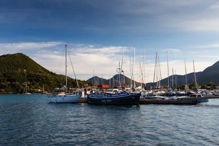 Boats in the harbour of Nydri village on Lefkada island in Greece.のeditorial素材