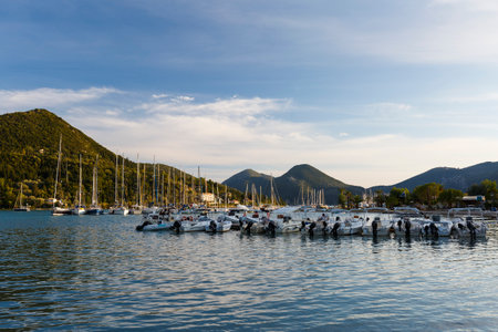 Boats in the harbour of Nydri village on Lefkada island in Greece.のeditorial素材