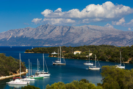 Sailboats in one of numerous small bays of Meganisi island, Greece.のeditorial素材