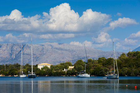 Sailboats in one of numerous small bays of Meganisi island, Greece.のeditorial素材