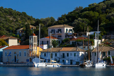 View of the church in Vathy harbur on Meganisi island, Greece.