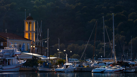 View of the church in Vathy harbur on Meganisi island, Greece.のeditorial素材