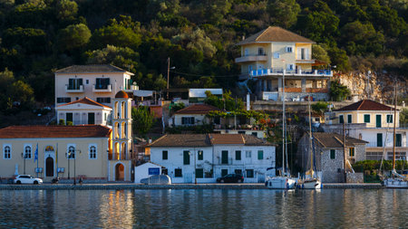 View of the church in Vathy harbur on Meganisi island, Greece.のeditorial素材