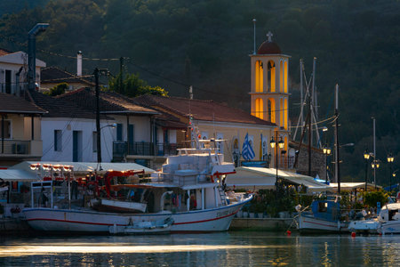View of the church in Vathy harbur on Meganisi island, Greece.のeditorial素材