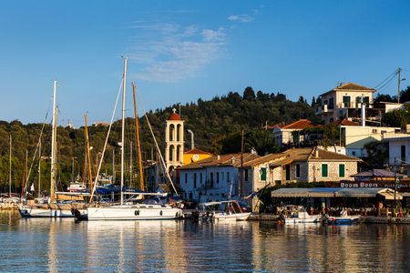 View of the church in Vathy harbur on Meganisi island, Greece.のeditorial素材
