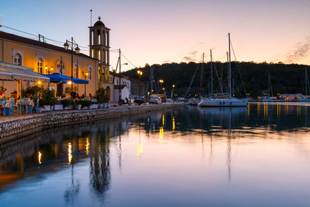 Evening view of the church in Vathy harbur on Meganisi island, Greece.のeditorial素材