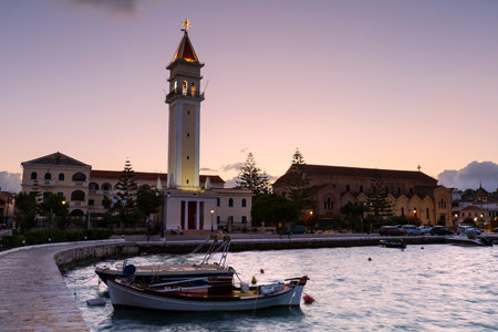 Sunset at St Dionysos church in Zakynthos town, Greece.のeditorial素材