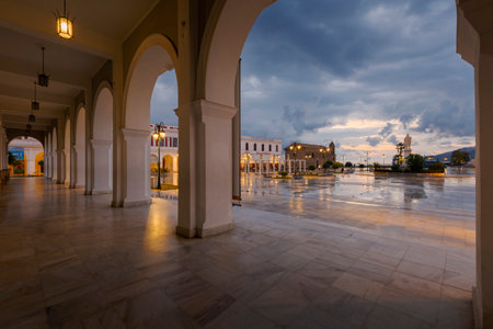Sunrise over Solomos square in Zakynthos town, Greece.のeditorial素材