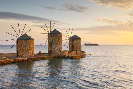 Sunrise image of the iconic windmills in Chios town.の写真素材