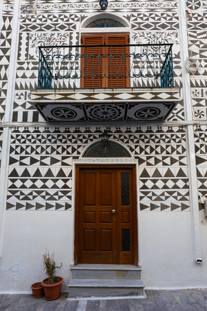 Traditionally decorated facades of houses in Pyrgi village on Chios island, Greece.のeditorial素材