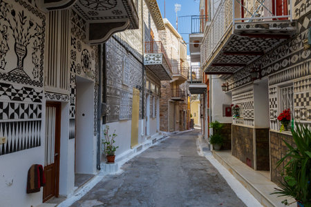 Houses with traditional decoration in Pyrgi village on Chios island, Greece.のeditorial素材