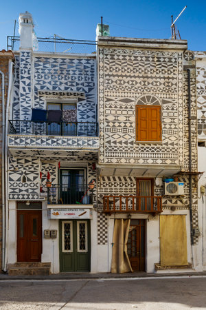 Houses with traditional decoration in Pyrgi village on Chios island, Greece.のeditorial素材