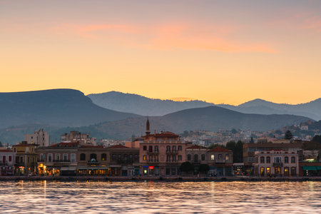 Chios town and its seafront as seen from the pier of the harbour.のeditorial素材
