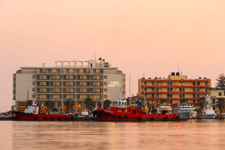 Chios town and its seafront as seen from the pier of the harbour.のeditorial素材