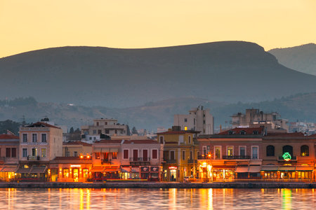 Chios town and its seafront as seen from the pier of the harbour.のeditorial素材